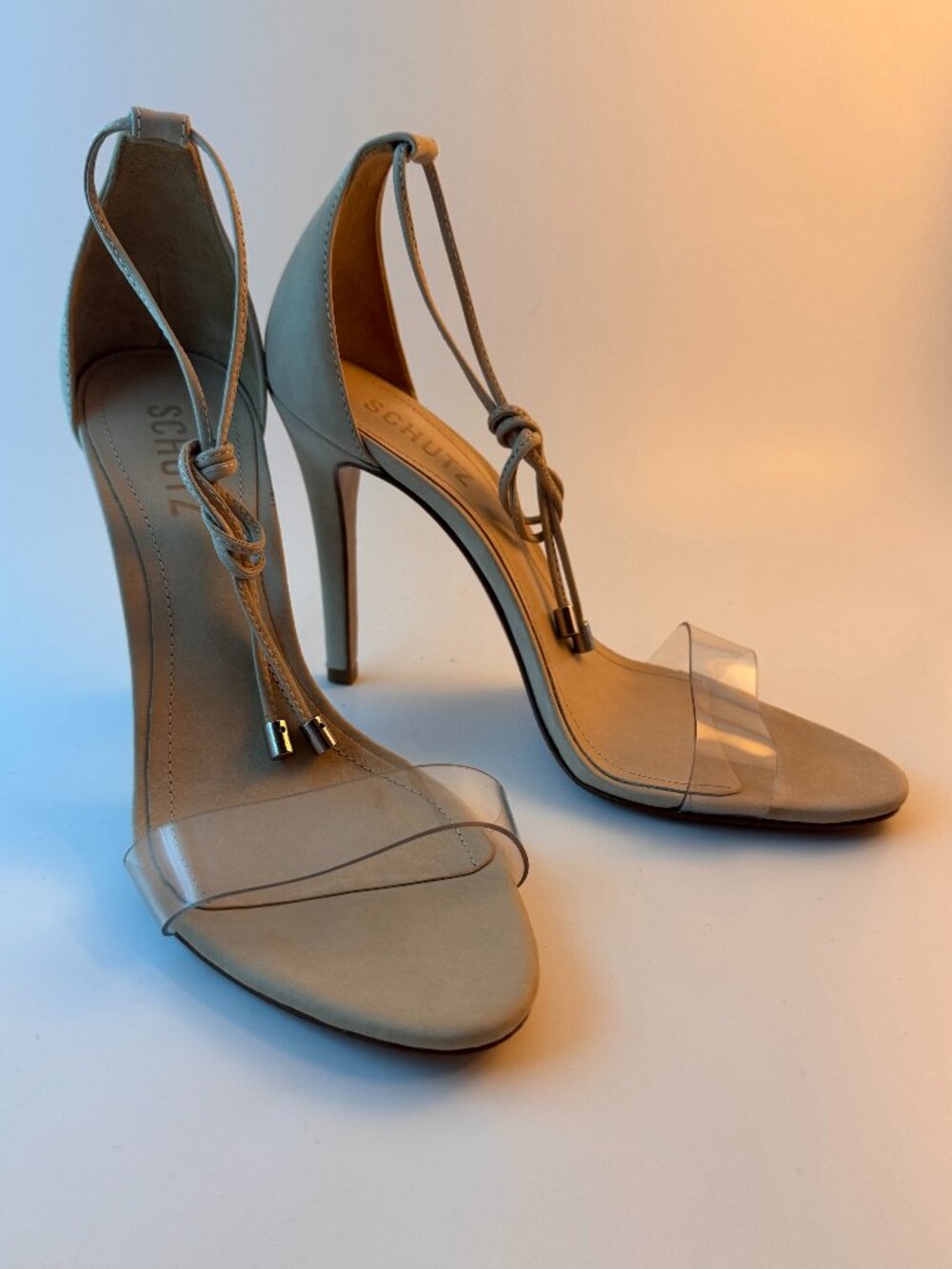 SCHUTZ Beige Nude Suede Clear Vinyl Strap Ankle Tie Stiletto Heels 8B